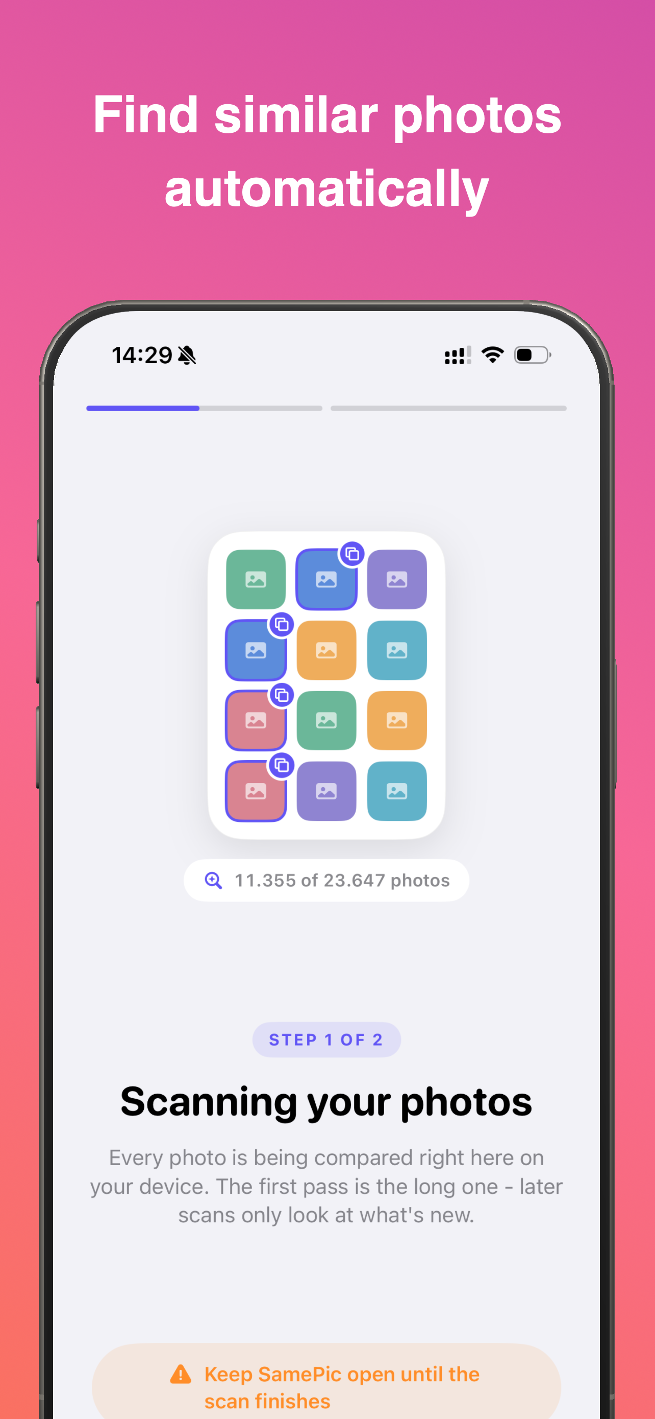 SamePic scanning the photo library on the iPhone, with progress and an on-device comparison message